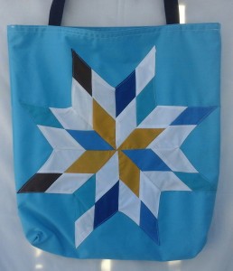 9. Blue bag with multiple colors.
