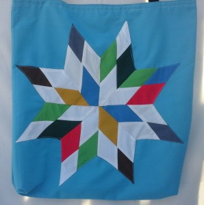 7. Blue bag with multiple colors.