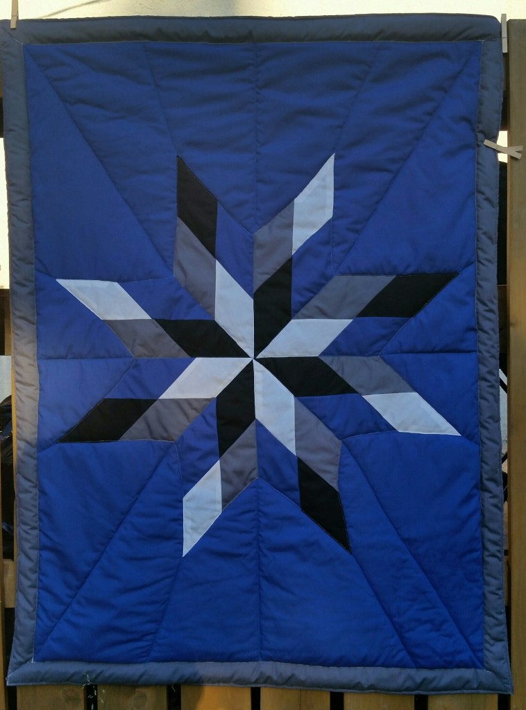 Dark Blue Baby blanket with grey border and white, black, grey and dark blue star
