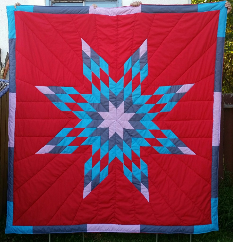 Red Star Blanket with Light Purple, grey, turquoise and red star and border.