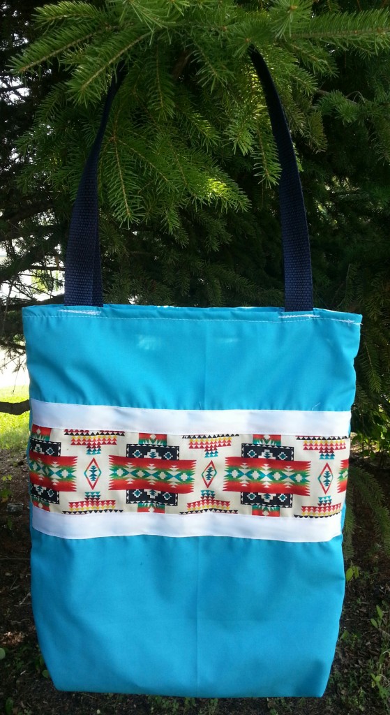 Blue Bag with White Ribbon and Print
