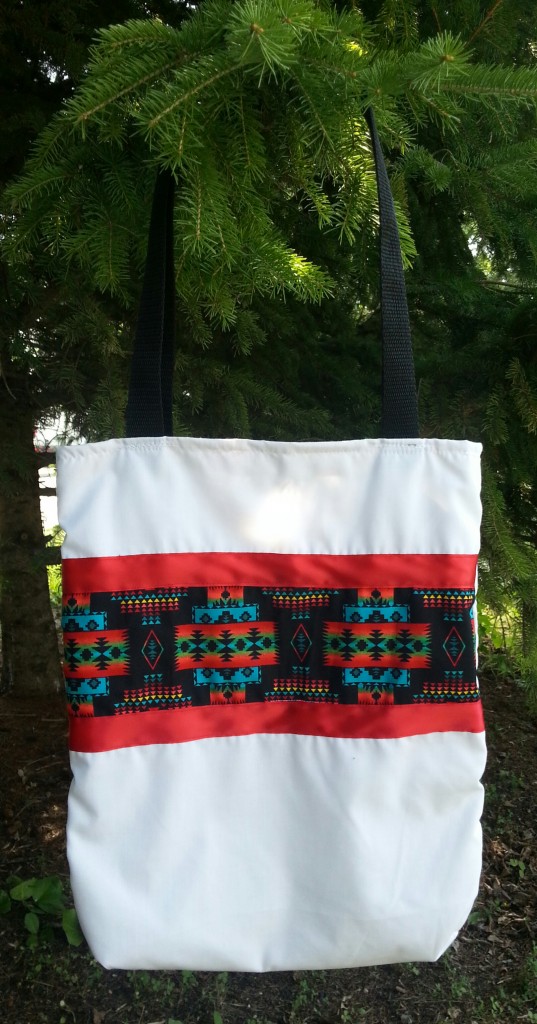 White Bag with Red Ribbon and Print