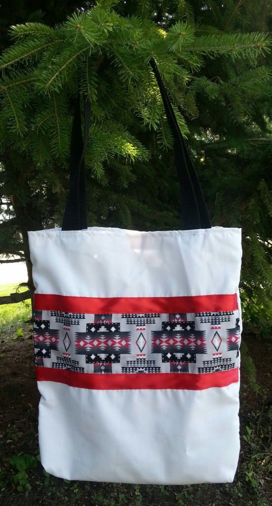 White Bag with Red Ribbon and Print