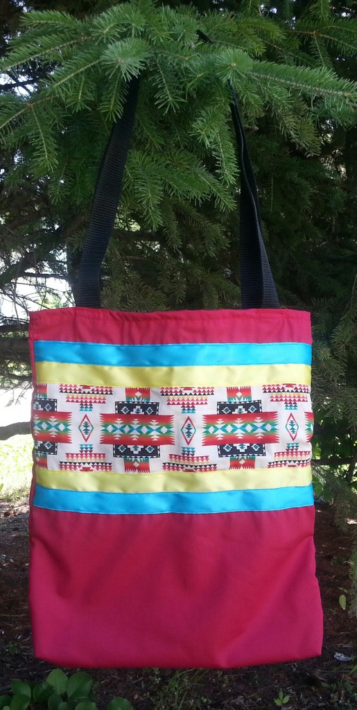 20. Red Bag with Print and yellow & blue ribbon