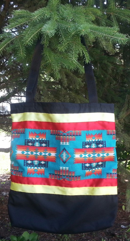 Black bag with print and red and yellow print